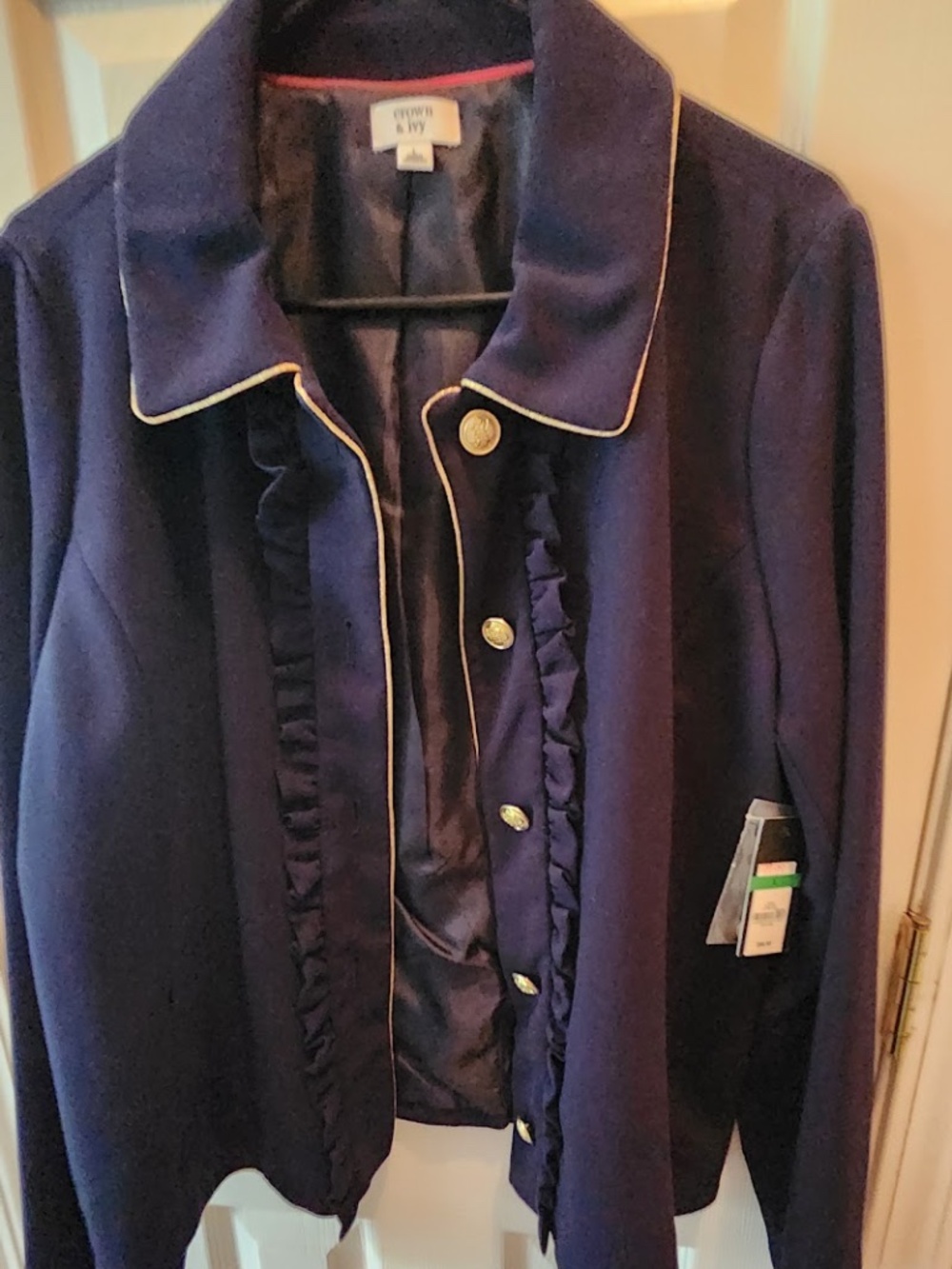 Crown & Ivy Navy Blue Ruffle Blazer with Gold Piping & Buttons - Size LARGE